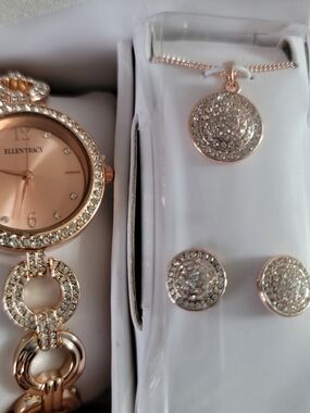 Ellen Tracy Rose Gold Crystal Watch & Jewelry Set